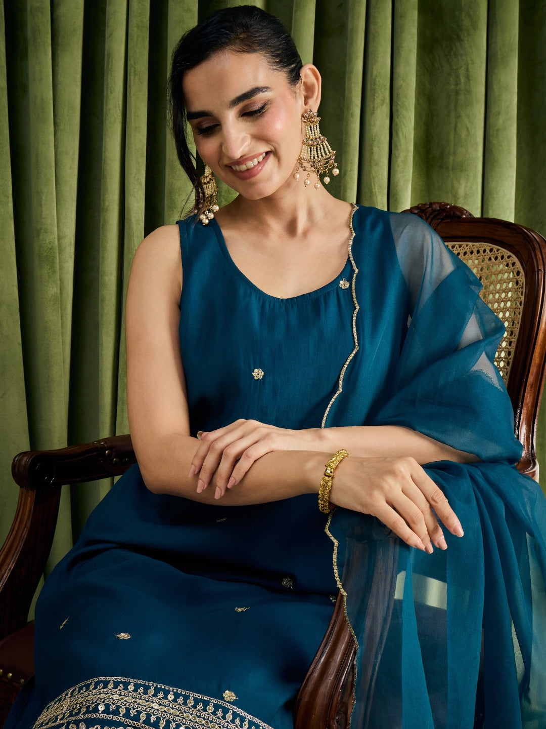 Janasya Women's Teal Blue Chanderi Silk Floral Embroidered Straight Kurta Set