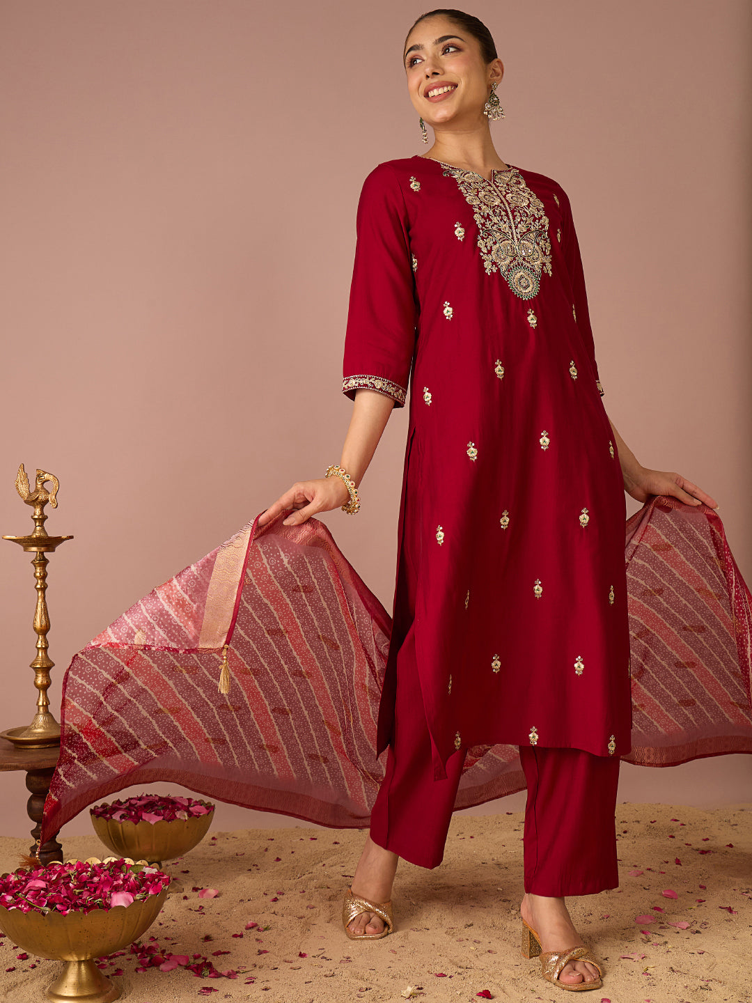Janasya Women's Maroon Chanderi Silk Floral Zari Embroidered Straight Kurta Set with Bandhani Printed Dupatta
