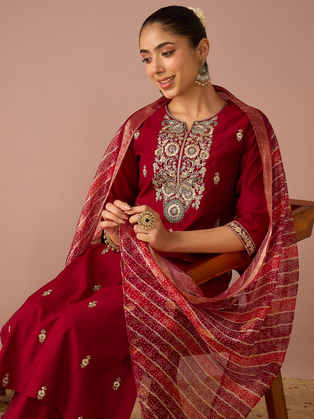 Janasya Women's Maroon Chanderi Silk Floral Zari Embroidered Straight Kurta Set with Bandhani Printed Dupatta
