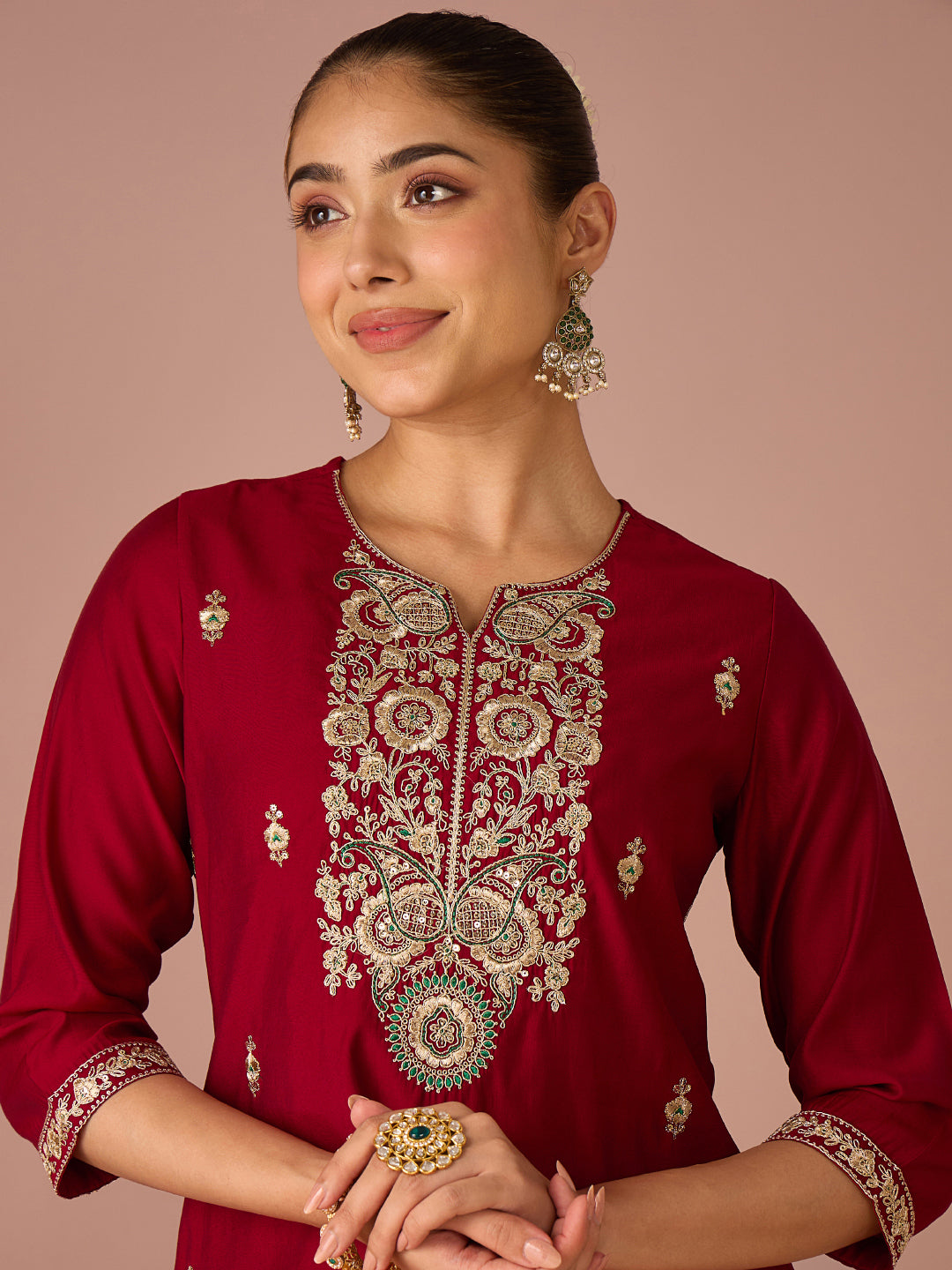 Janasya Women's Maroon Chanderi Silk Floral Zari Embroidered Straight Kurta Set with Bandhani Printed Dupatta