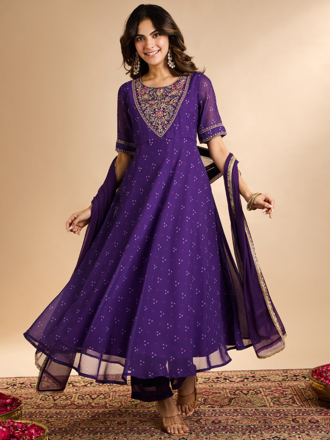 Janasya Women's Purple Georgette Zari Embroidered Bandhani Printed A-Line Kurta Set