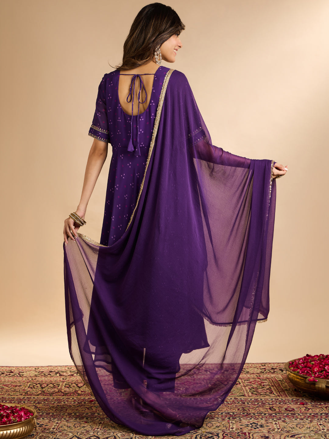 Janasya Women's Purple Georgette Zari Embroidered Bandhani Printed A-Line Kurta Set