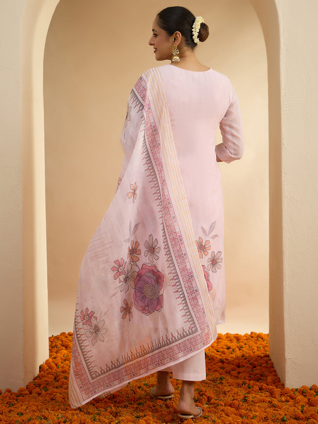Janasya Women's Light Pink Linen Blend Floral Embroidered Straight Kurta Set with Printed Dupatta