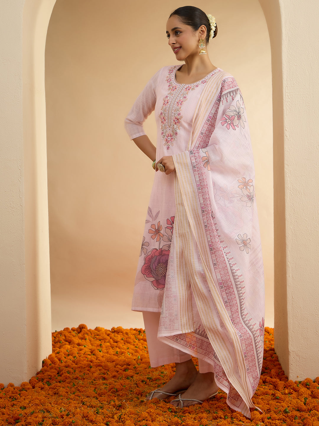 Janasya Women's Light Pink Linen Blend Floral Embroidered Straight Kurta Set with Printed Dupatta