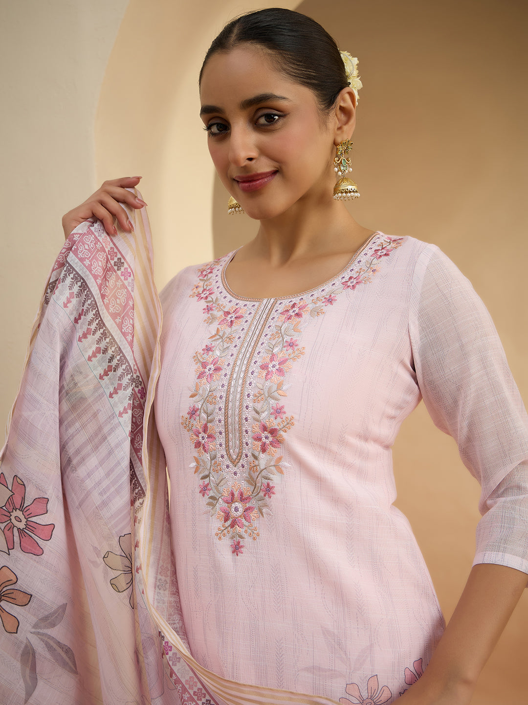 Janasya Women's Light Pink Linen Blend Floral Embroidered Straight Kurta Set with Printed Dupatta