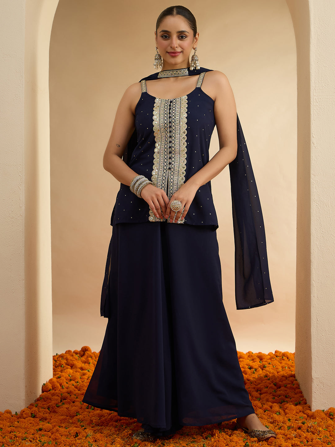 Janasya Women's Dark Blue Georgette Sequin Embellished Straight Kurta with Sharara & Choker Dupatta Set