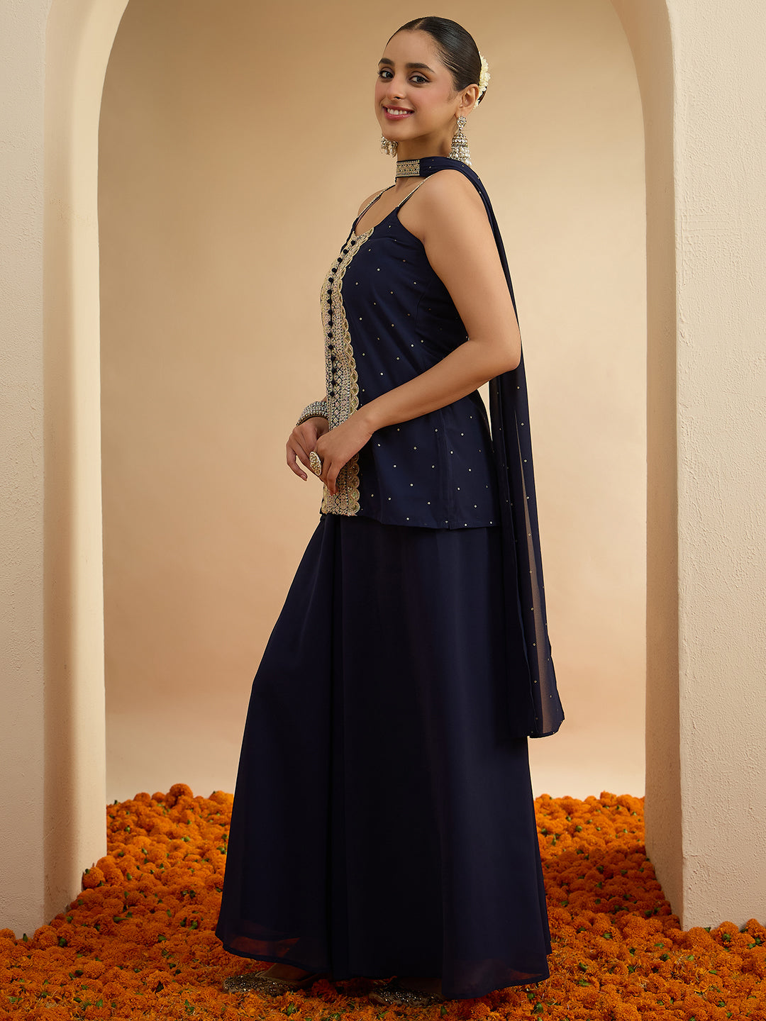 Janasya Women's Dark Blue Georgette Sequin Embellished Straight Kurta with Sharara & Choker Dupatta Set