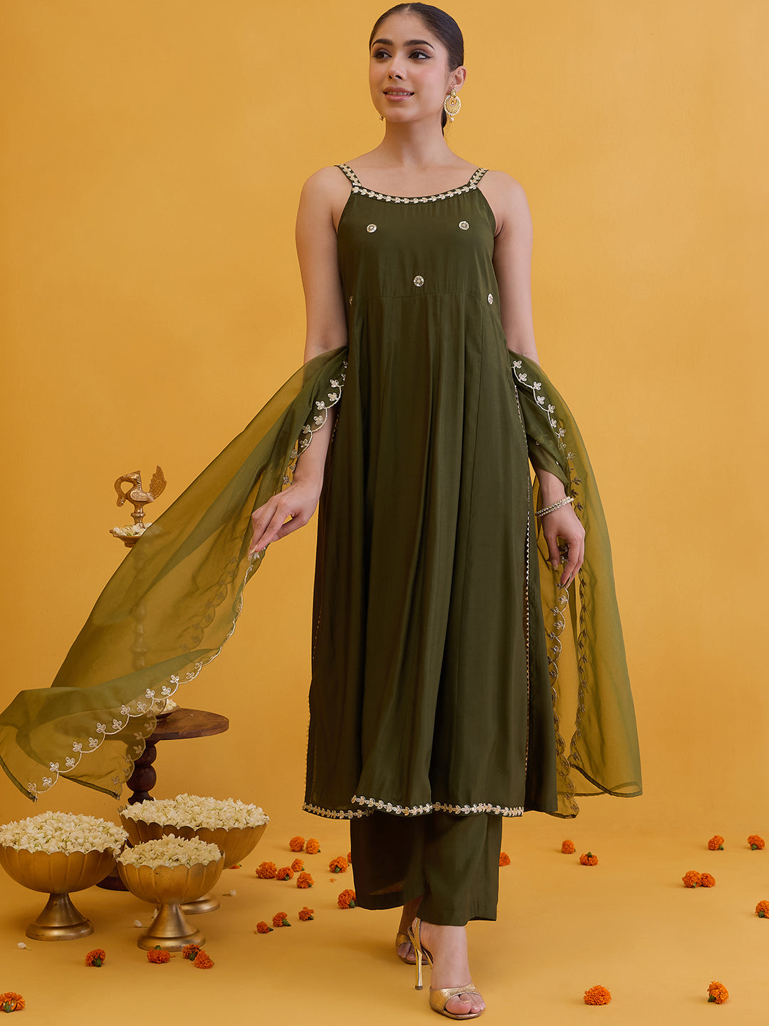 Janasya Women's Olive Green Chanderi Silk Embellished A-Line Kurta Set