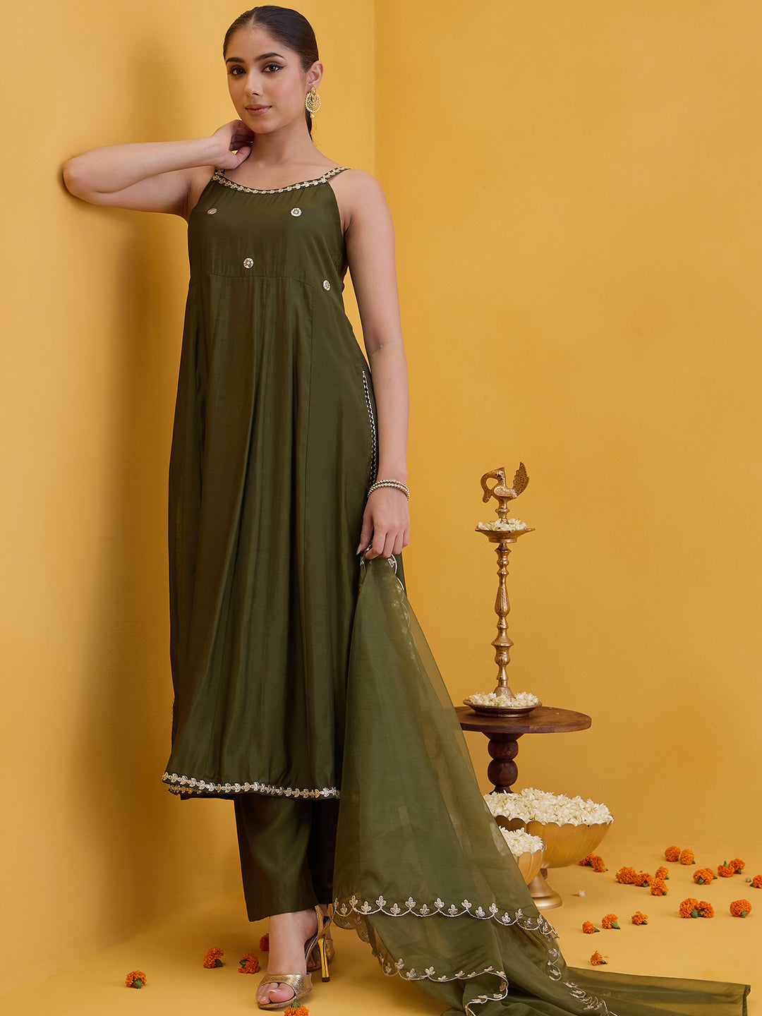 Janasya Women's Olive Green Chanderi Silk Embellished A-Line Kurta Set