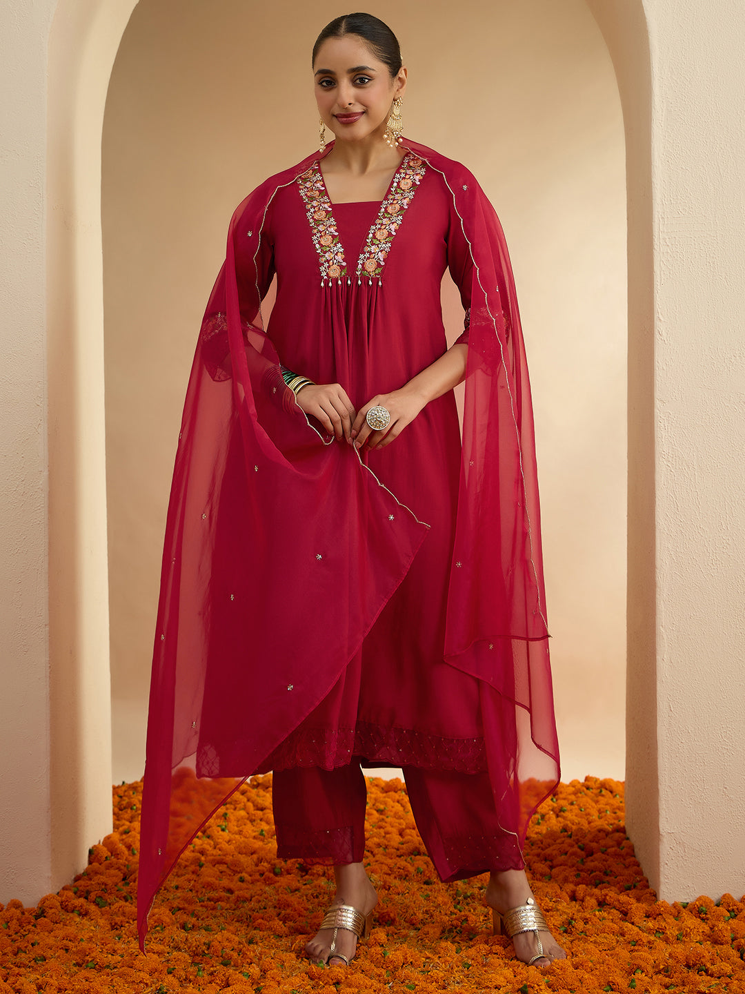 Janasya Women's Maroon Chanderi Silk Floral Yoke Embroidered A-Line Kurta Set