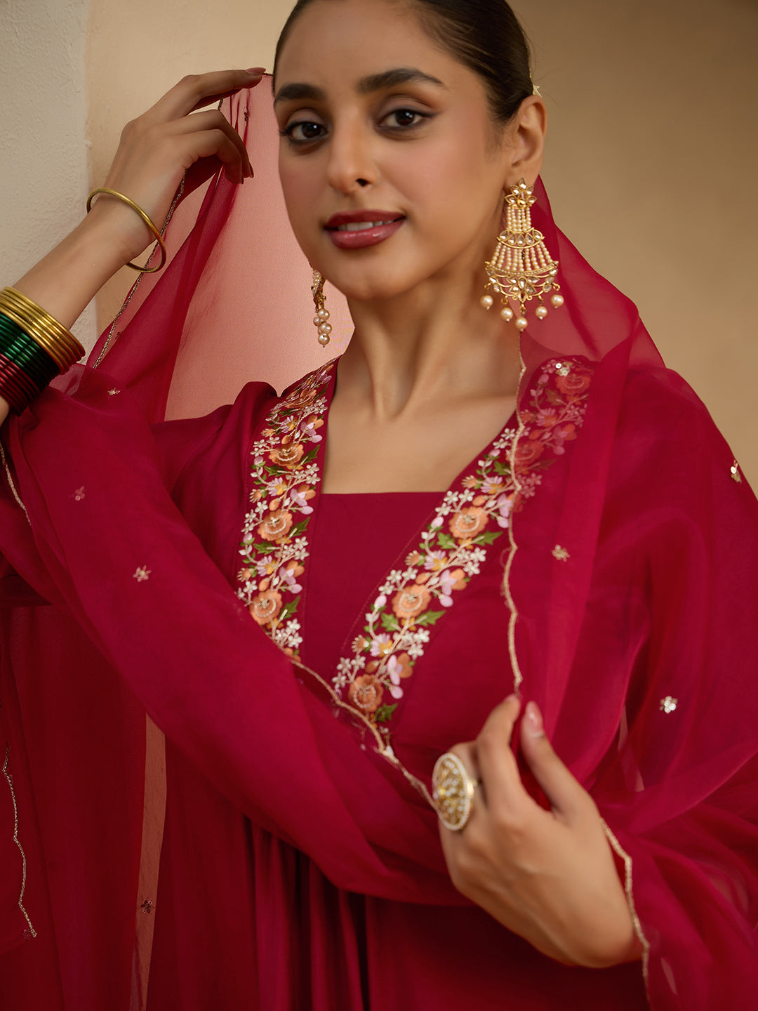 Janasya Women's Maroon Chanderi Silk Floral Yoke Embroidered A-Line Kurta Set
