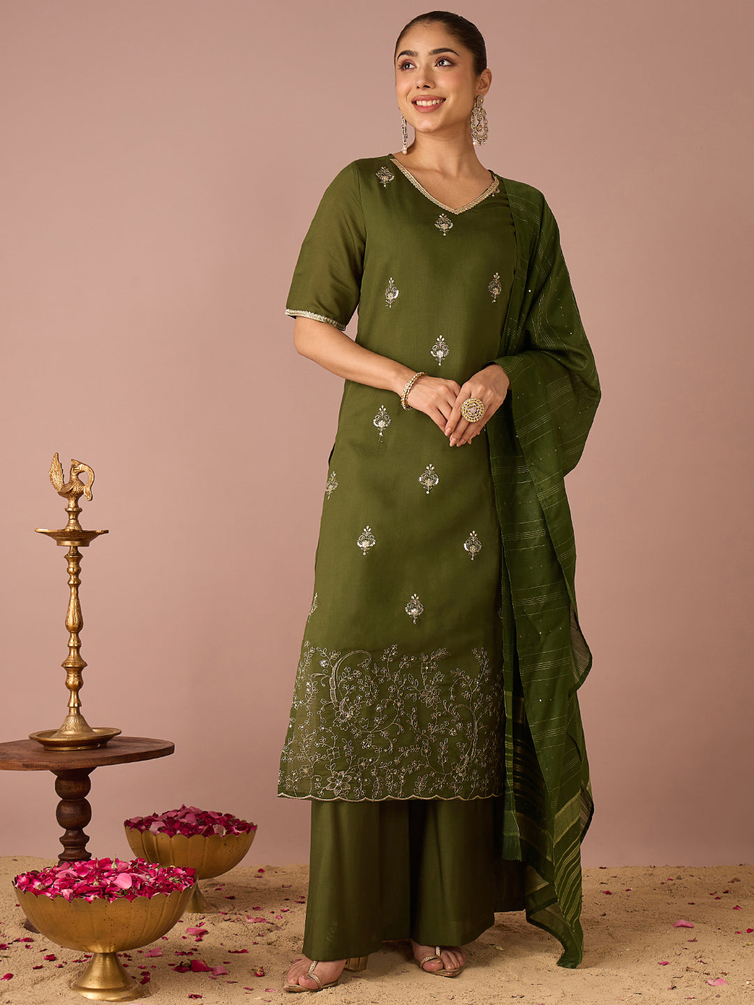 Janasya Women's Olive Green Chanderi Silk Embellished Straight Kurta with Palazzo and Dupatta Set