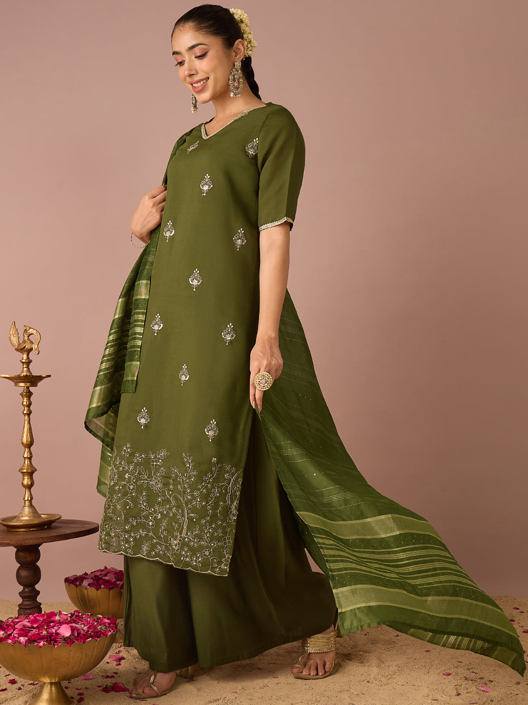 Janasya Women's Olive Green Chanderi Silk Embellished Straight Kurta with Palazzo and Dupatta Set