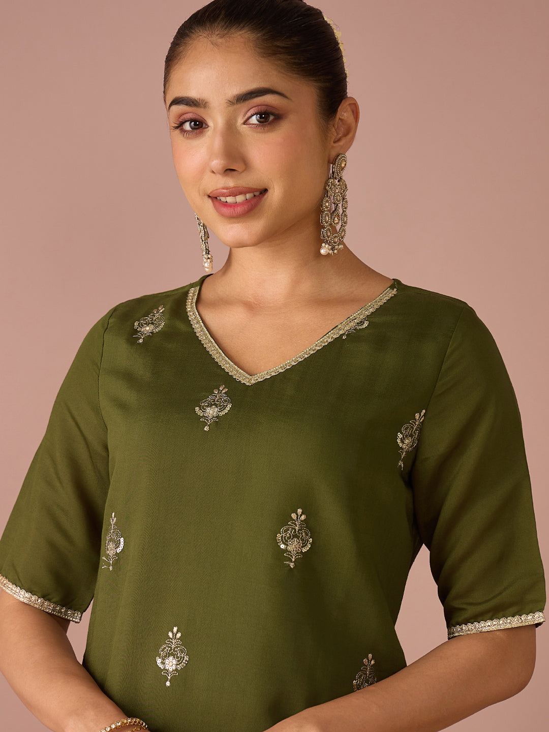 Janasya Women's Olive Green Chanderi Silk Embellished Straight Kurta with Palazzo and Dupatta Set