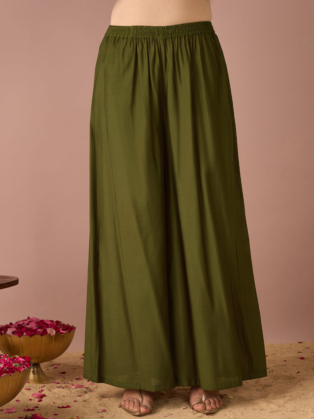 Janasya Women's Olive Green Chanderi Silk Embellished Straight Kurta with Palazzo and Dupatta Set