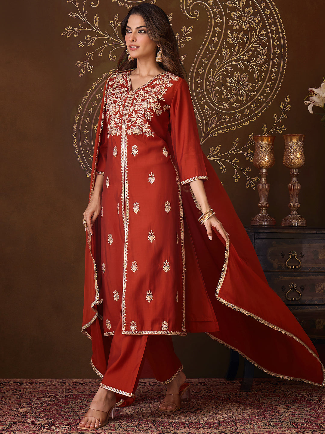 Janasya Women's Rust Chanderi Silk Floral Embroidered Straight High Slit Kurta Set