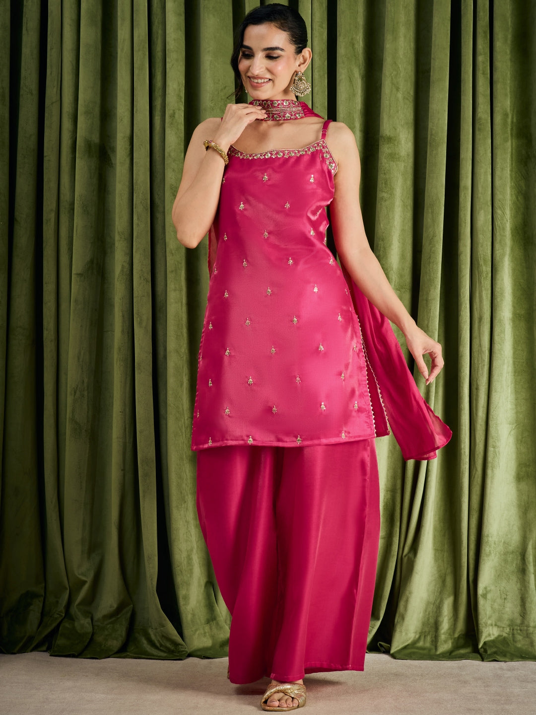 Janasya Women's Pink Silk Blend Floral Sequins And Zari Embroidered Straight Kurta with Palazzo And Choker Dupatta Set