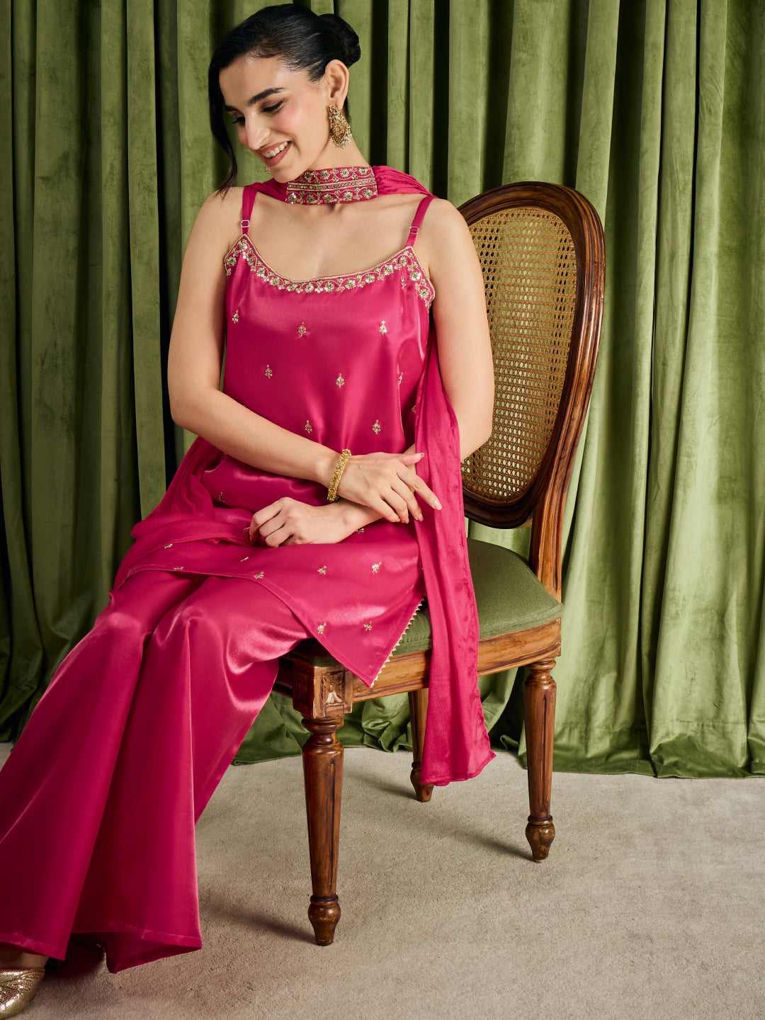 Janasya Women's Pink Silk Blend Floral Sequins And Zari Embroidered Straight Kurta with Palazzo And Choker Dupatta Set