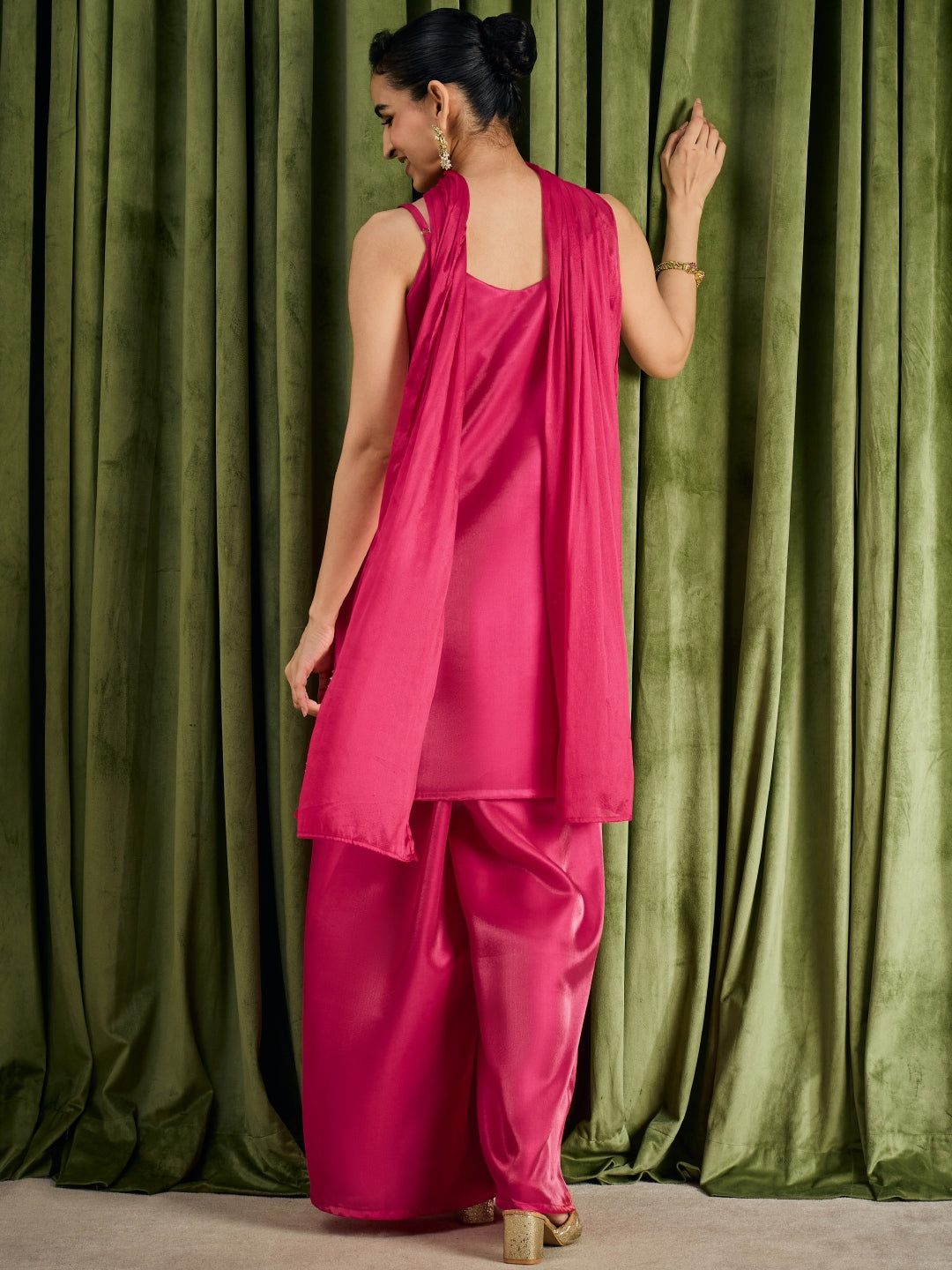 Janasya Women's Pink Silk Blend Floral Sequins And Zari Embroidered Straight Kurta with Palazzo And Choker Dupatta Set