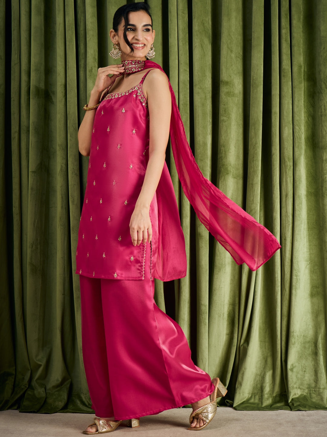 Janasya Women's Pink Silk Blend Floral Sequins And Zari Embroidered Straight Kurta with Palazzo And Choker Dupatta Set