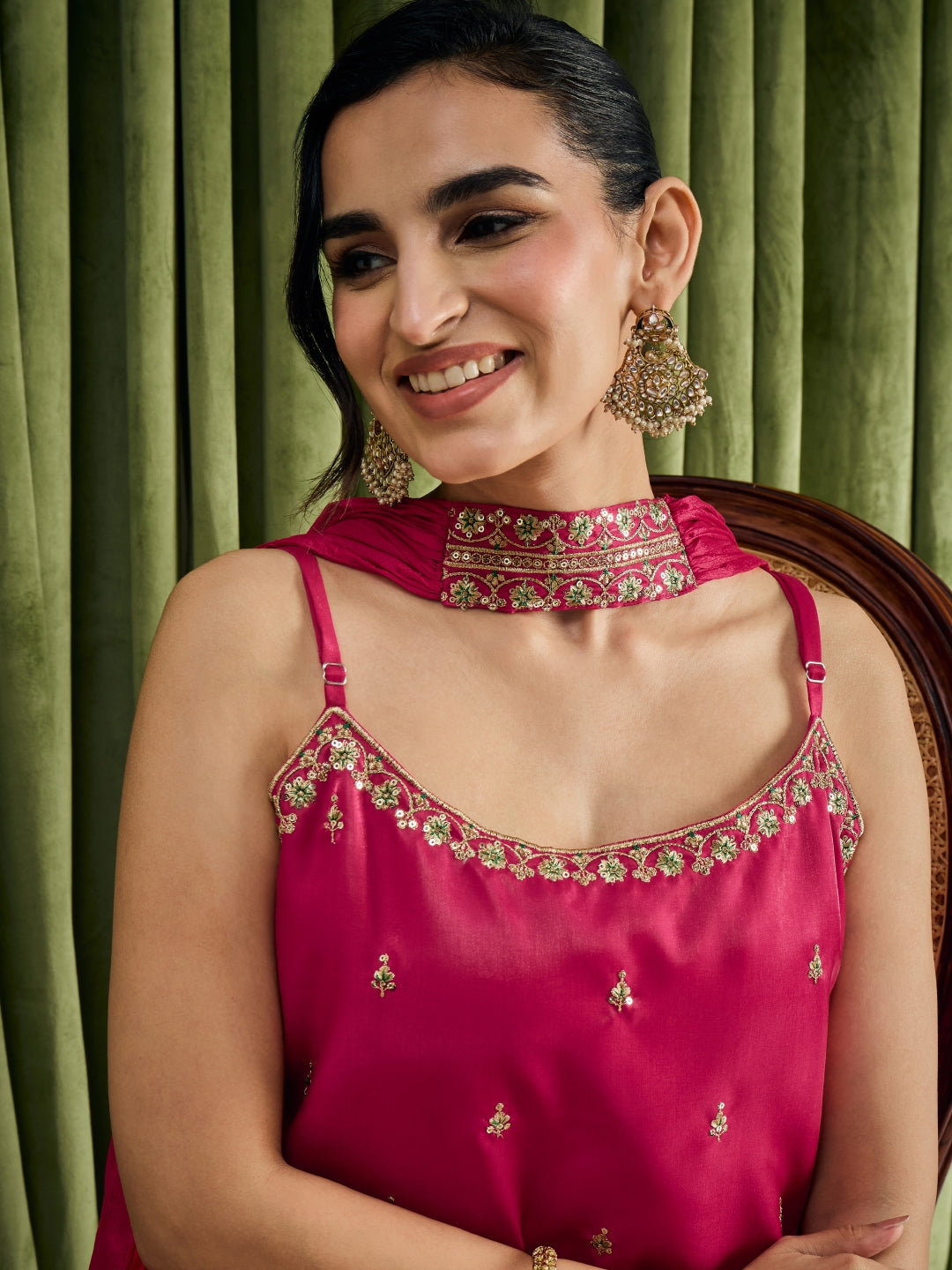 Janasya Women's Pink Silk Blend Floral Sequins And Zari Embroidered Straight Kurta with Palazzo And Choker Dupatta Set