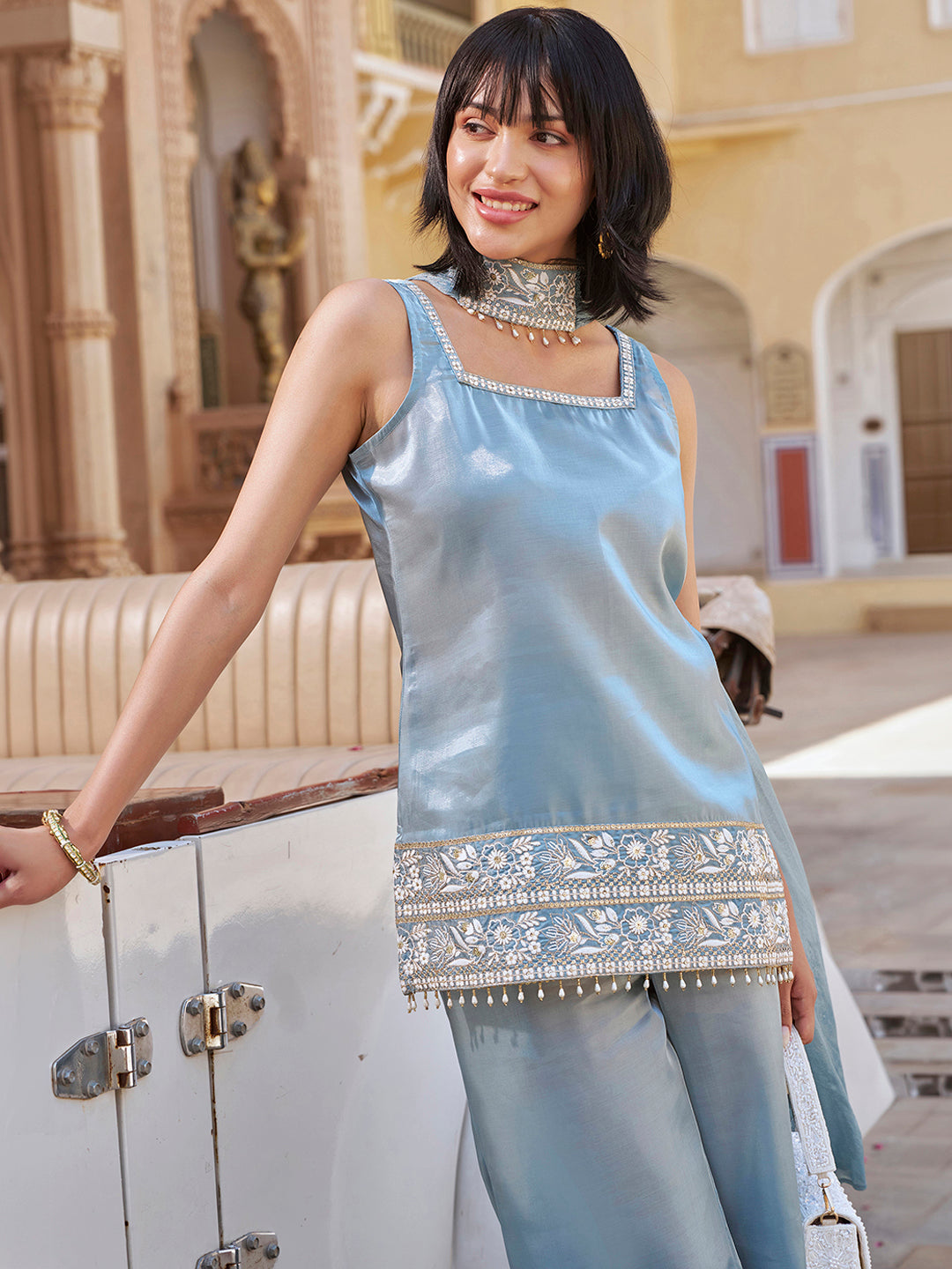 Janasya Women's Powder Blue Silk Blend Floral Embroidered Straight Kurta Set
