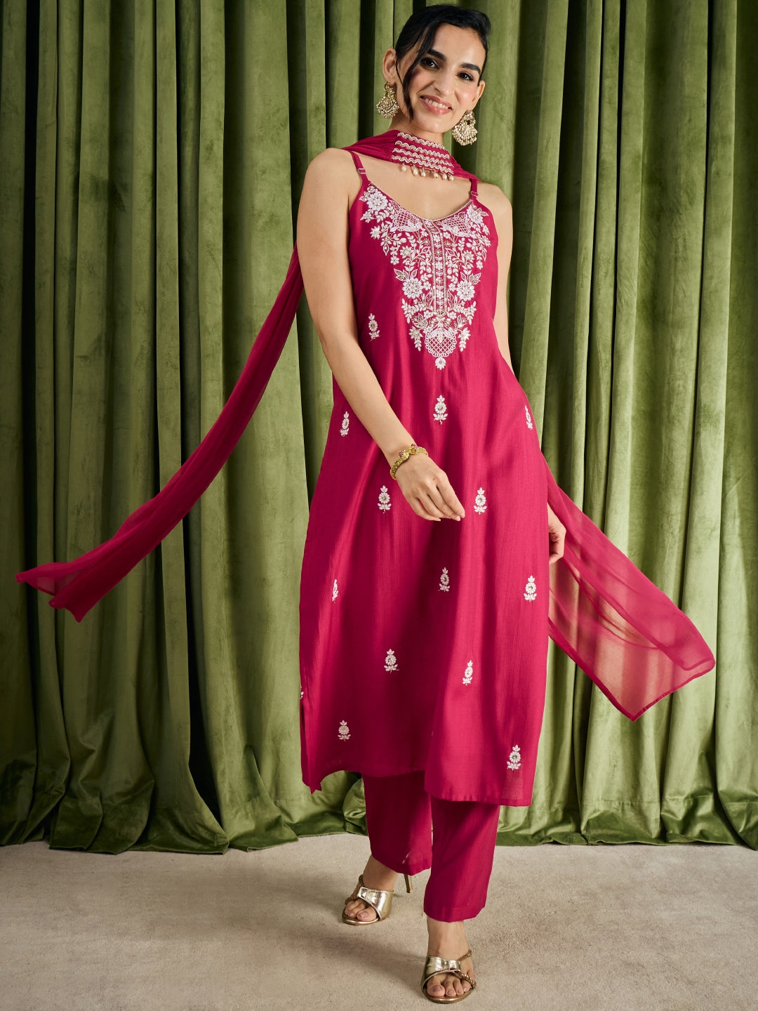 Janasya Women's Pink Silk Blend Floral Embroidered Straight Kurta Pant Set with Choker Dupatta