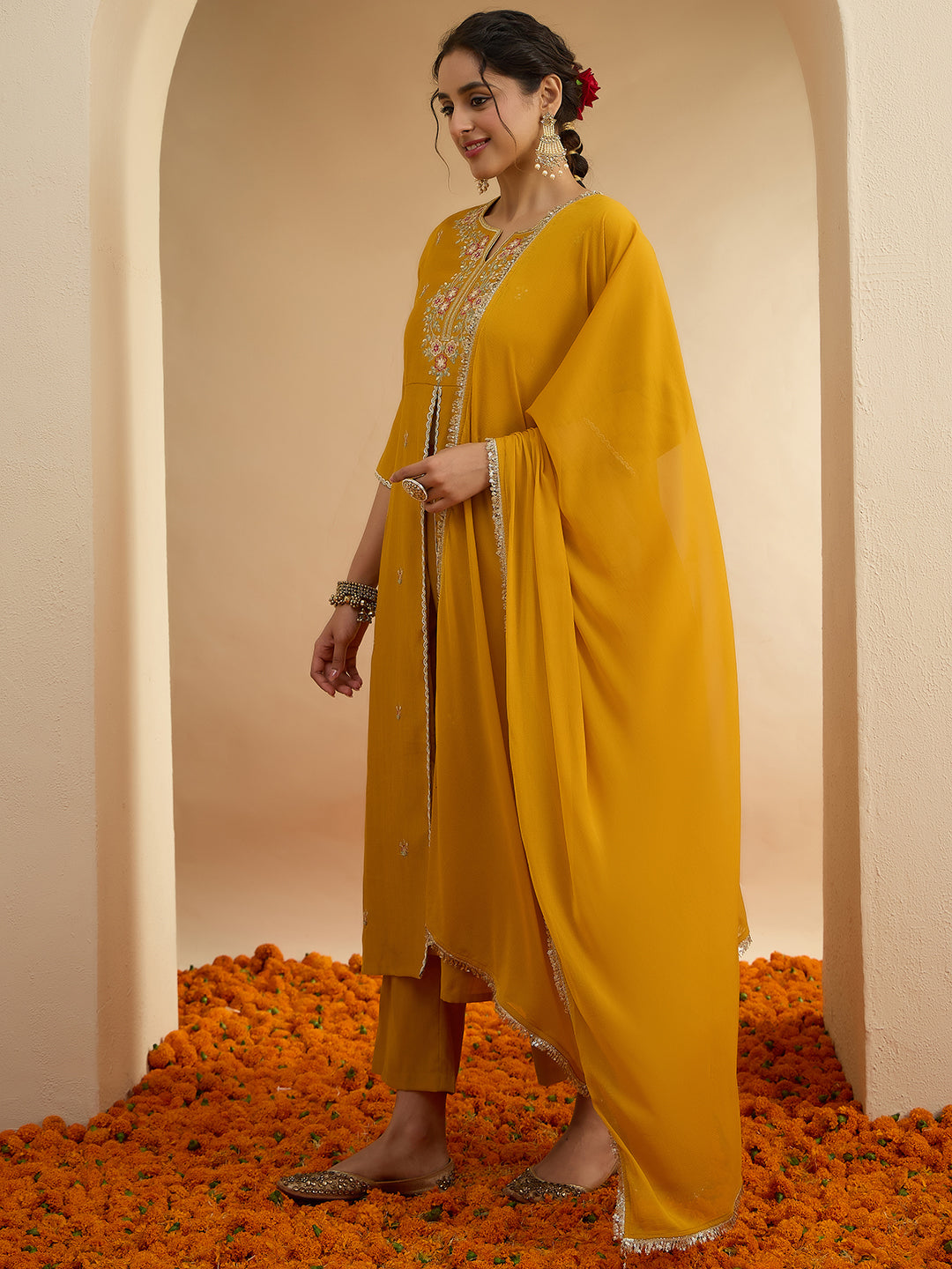 Janasya Women's Mustard Silk Blend Sequin Floral Embroidered Straight Front Slit Kurta Set