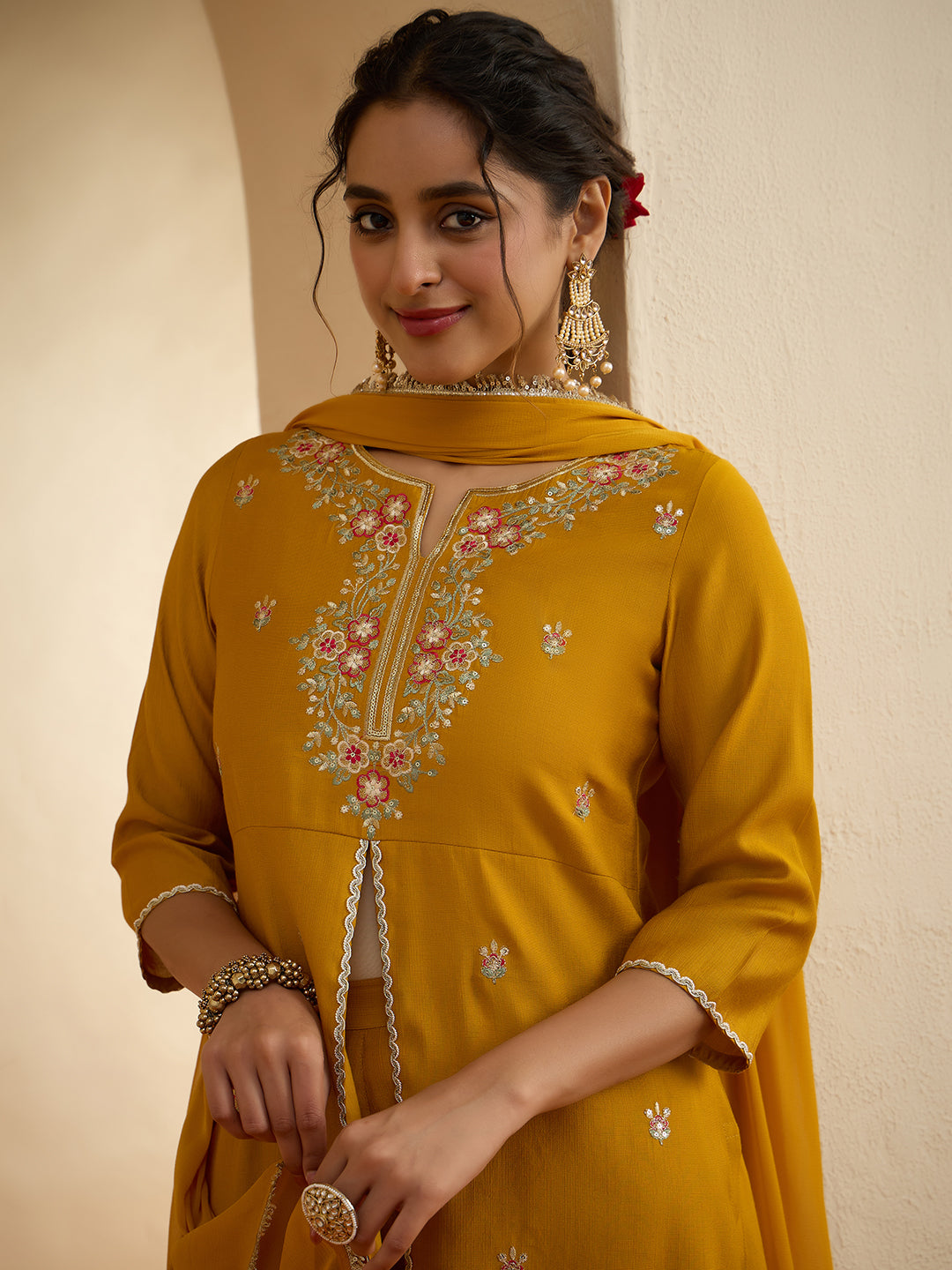 Janasya Women's Mustard Silk Blend Sequin Floral Embroidered Straight Front Slit Kurta Set