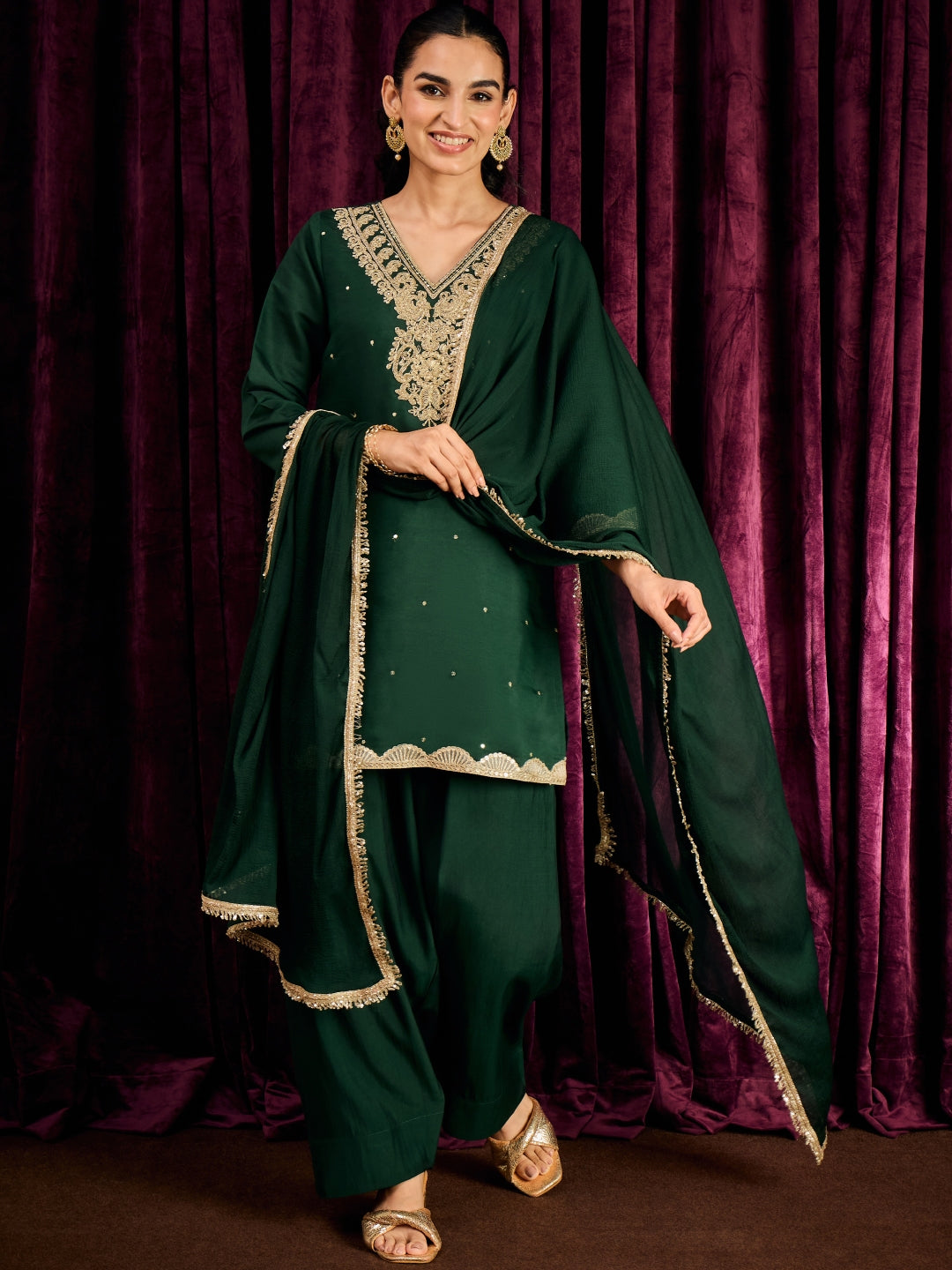 Janasya Women's Bottle Green Chanderi Silk Zari Yoke Embroidered Straight Kurta with Salwar and Dupatta Set