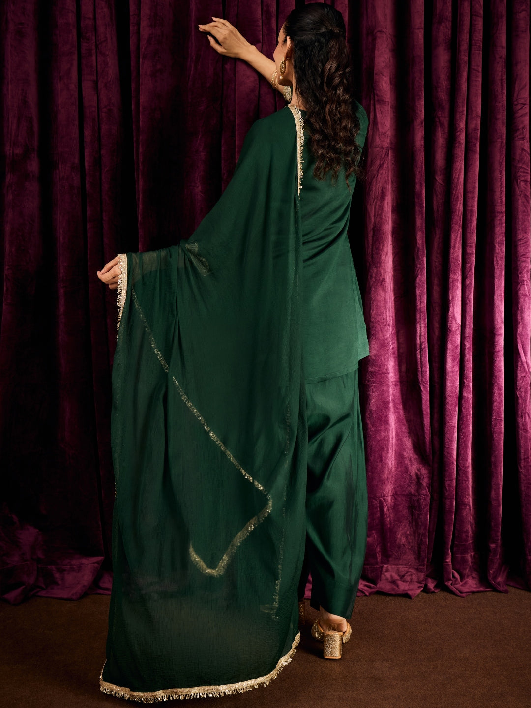 Janasya Women's Bottle Green Chanderi Silk Zari Yoke Embroidered Straight Kurta with Salwar and Dupatta Set