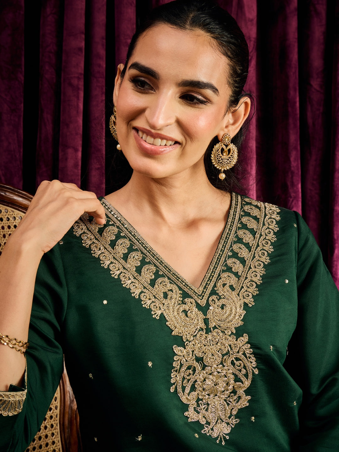 Janasya Women's Bottle Green Chanderi Silk Zari Yoke Embroidered Straight Kurta with Salwar and Dupatta Set