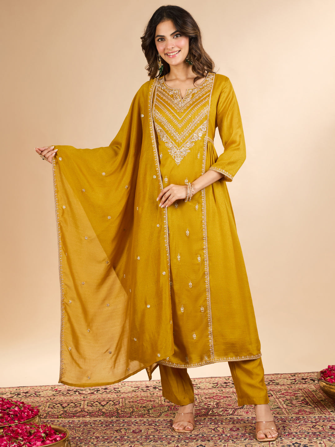 Janasya Women's Mustard Yellow Silk Blend Floral Embroidered A-Line Kurta Set