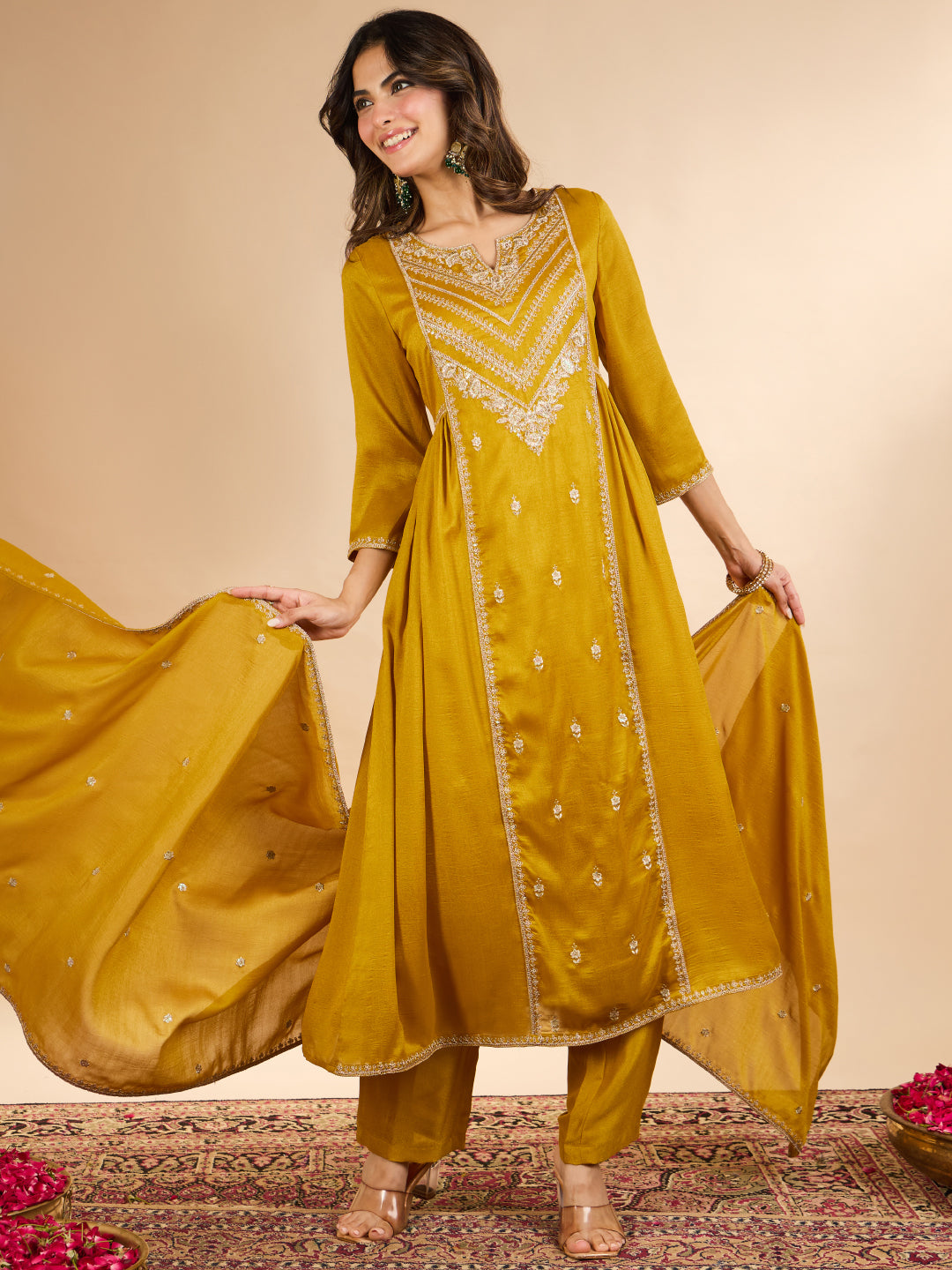 Janasya Women's Mustard Yellow Silk Blend Floral Embroidered A-Line Kurta Set