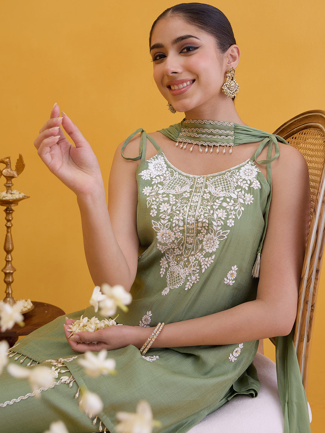 Janasya Women's Sage Green Silk Blend Floral Embroidered Straight Kurta with Palazzo and Choker Dupatta Set