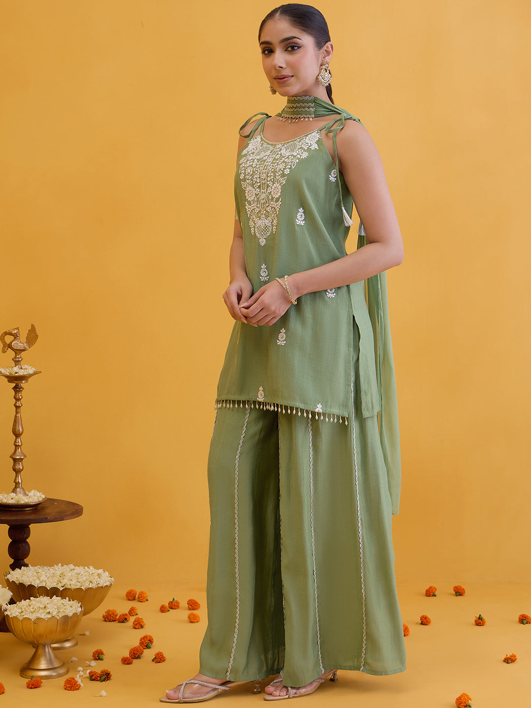 Janasya Women's Sage Green Silk Blend Floral Embroidered Straight Kurta with Palazzo and Choker Dupatta Set