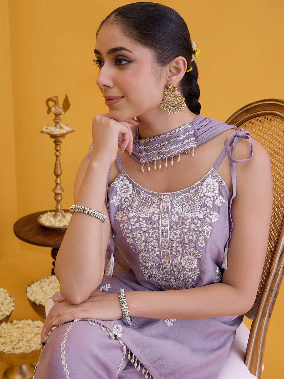Janasya Women's Lavender Silk Blend Floral Embroidered Straight Kurta with Sharara and Choker Dupatta Set
