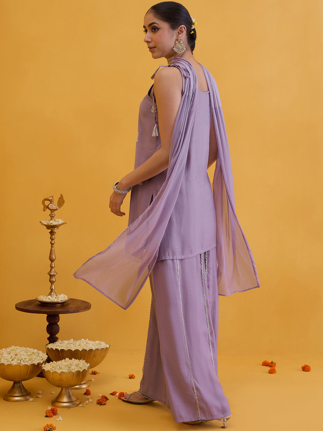 Janasya Women's Lavender Silk Blend Floral Embroidered Straight Kurta with Sharara and Choker Dupatta Set