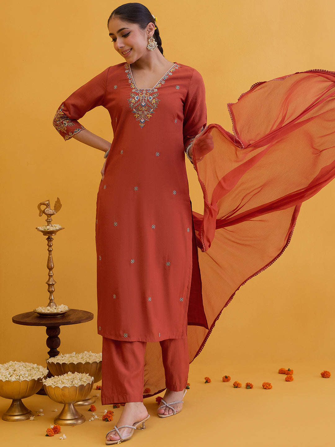 Janasya Women's Rust Silk Blend Floral Embroidered Straight Kurta Set