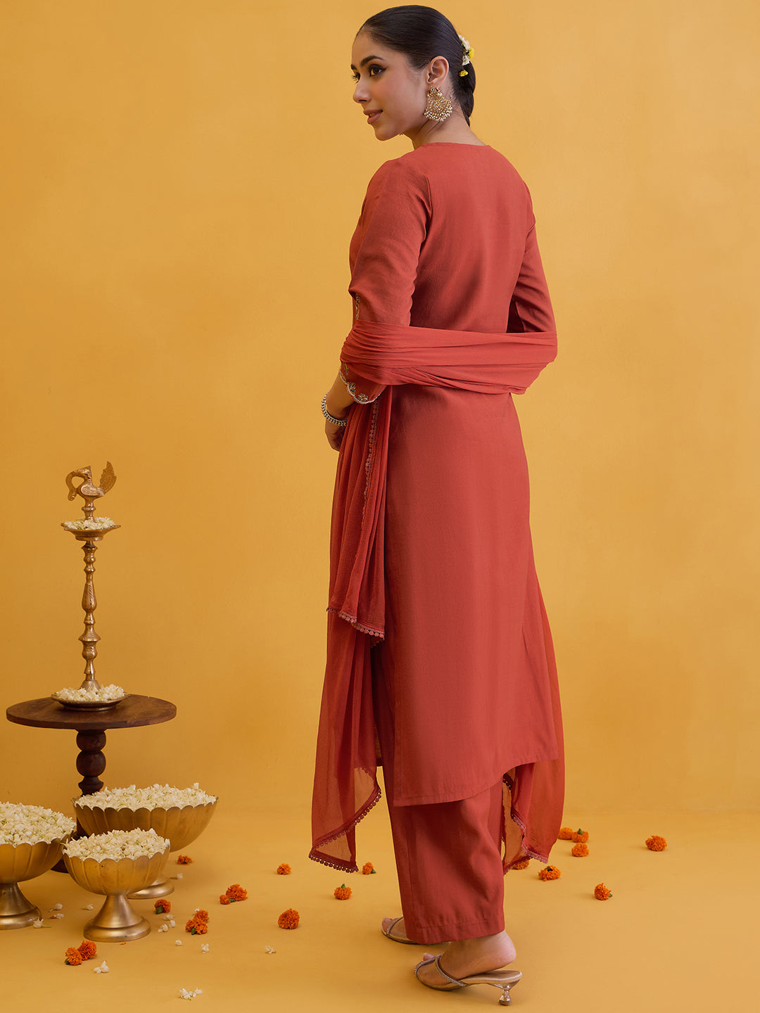 Janasya Women's Rust Silk Blend Floral Embroidered Straight Kurta Set