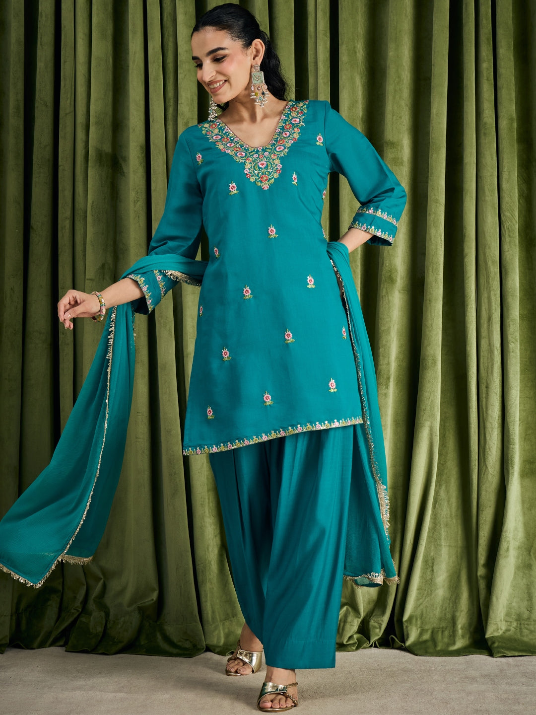 Janasya Women's Turquoise Blue Chanderi Silk Floral Embroidered Straight Kurta with Salwar & Dupatta Set