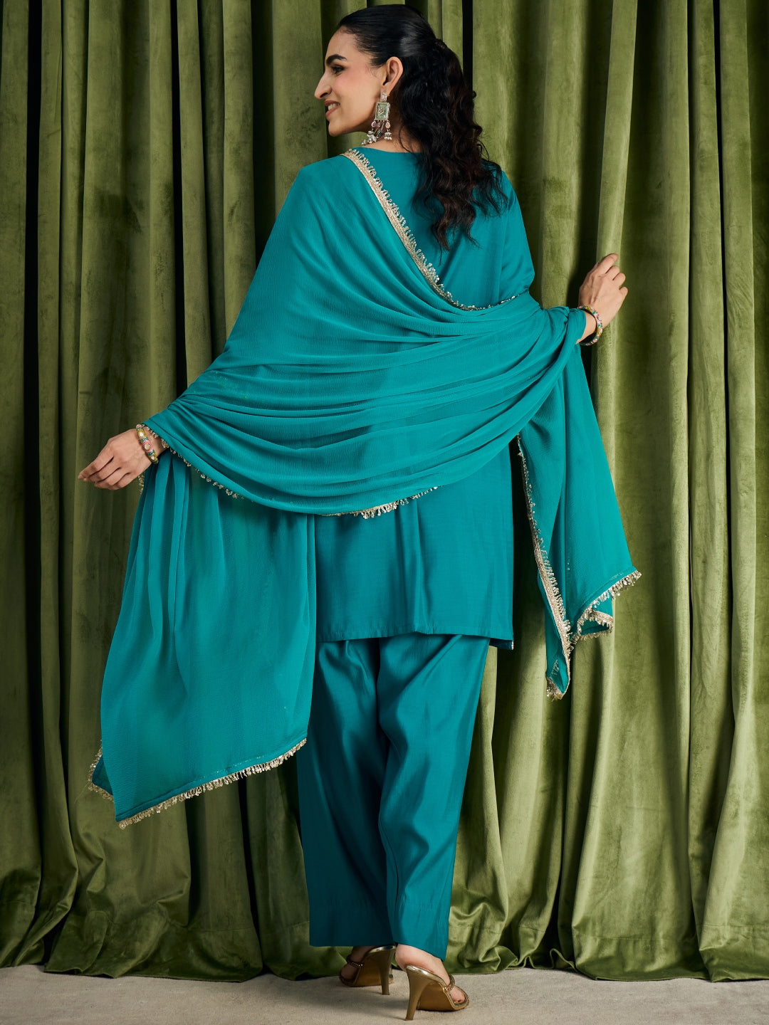 Janasya Women's Turquoise Blue Chanderi Silk Floral Embroidered Straight Kurta with Salwar & Dupatta Set