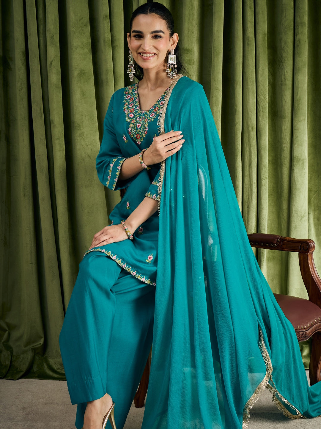 Janasya Women's Turquoise Blue Chanderi Silk Floral Embroidered Straight Kurta with Salwar & Dupatta Set