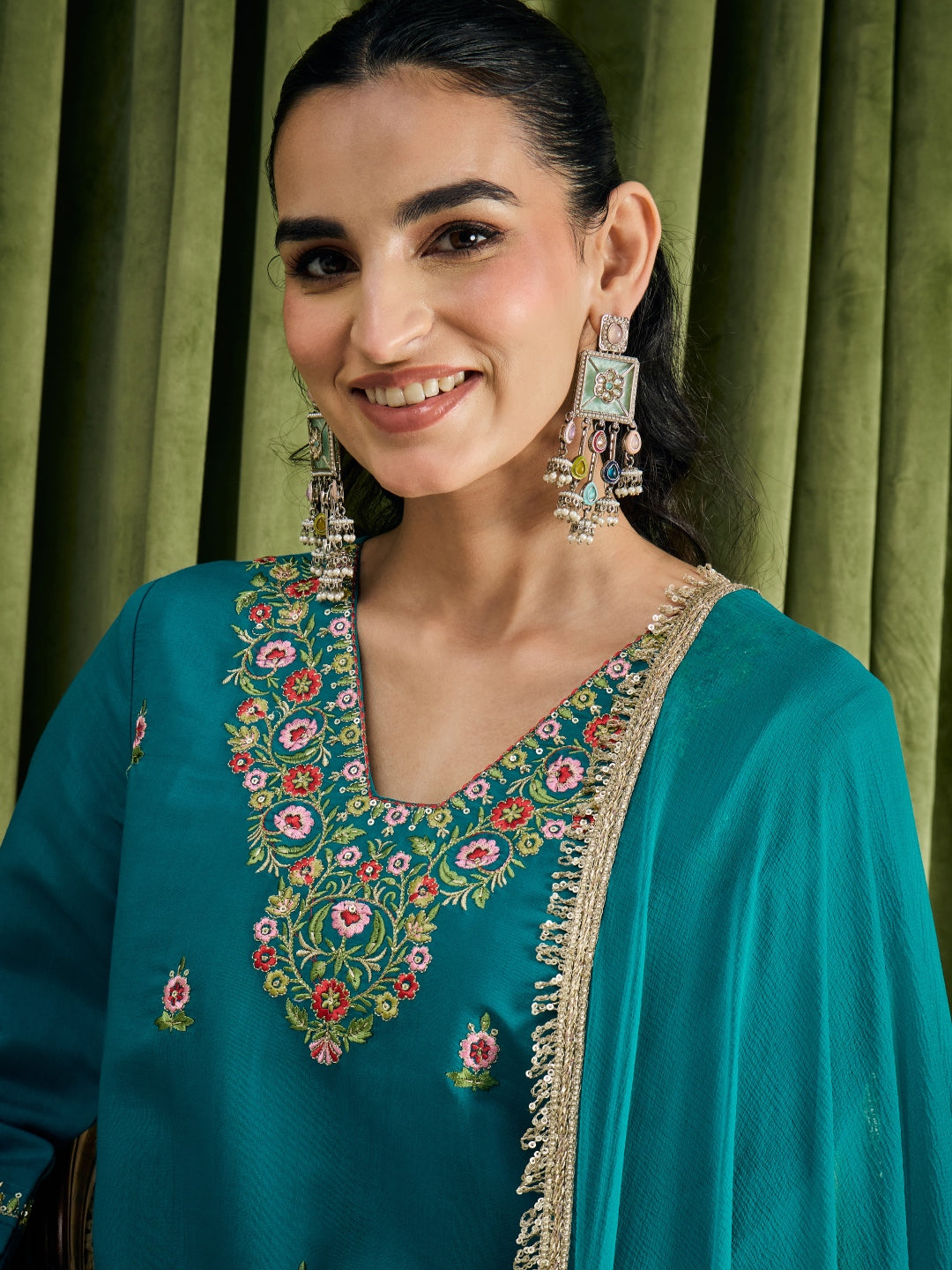 Janasya Women's Turquoise Blue Chanderi Silk Floral Embroidered Straight Kurta with Salwar & Dupatta Set