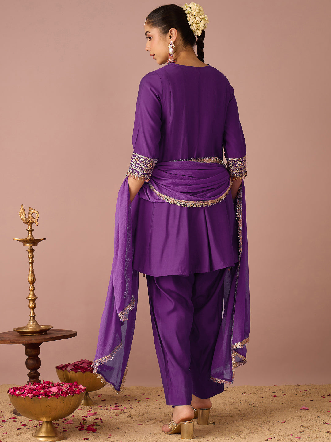 Janasya Women's Purple Chanderi Silk Floral Sequins And Zari Yoke Embroidered A-Line Kurta Salwar Set