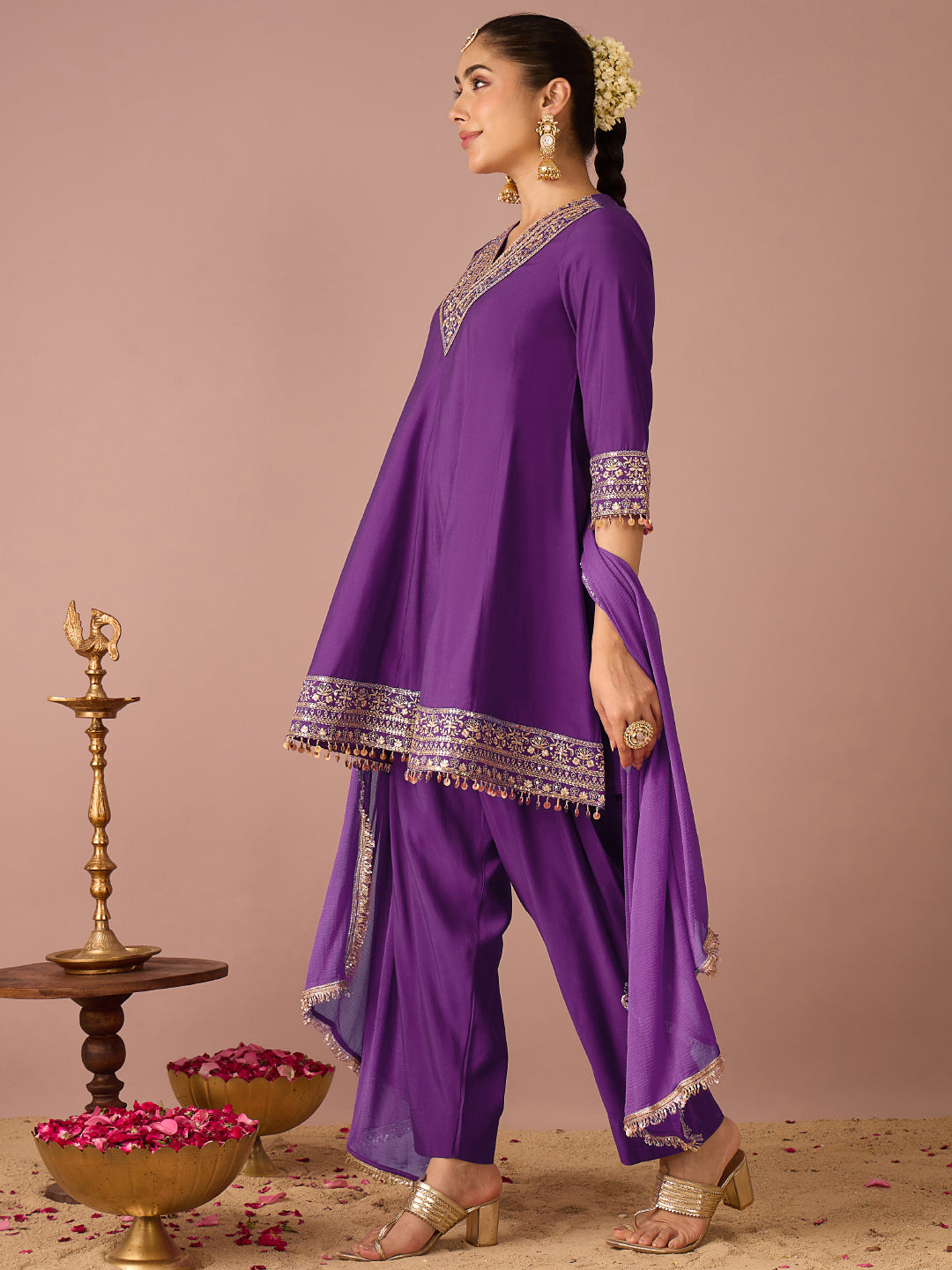 Janasya Women's Purple Chanderi Silk Floral Sequins And Zari Yoke Embroidered A-Line Kurta Salwar Set