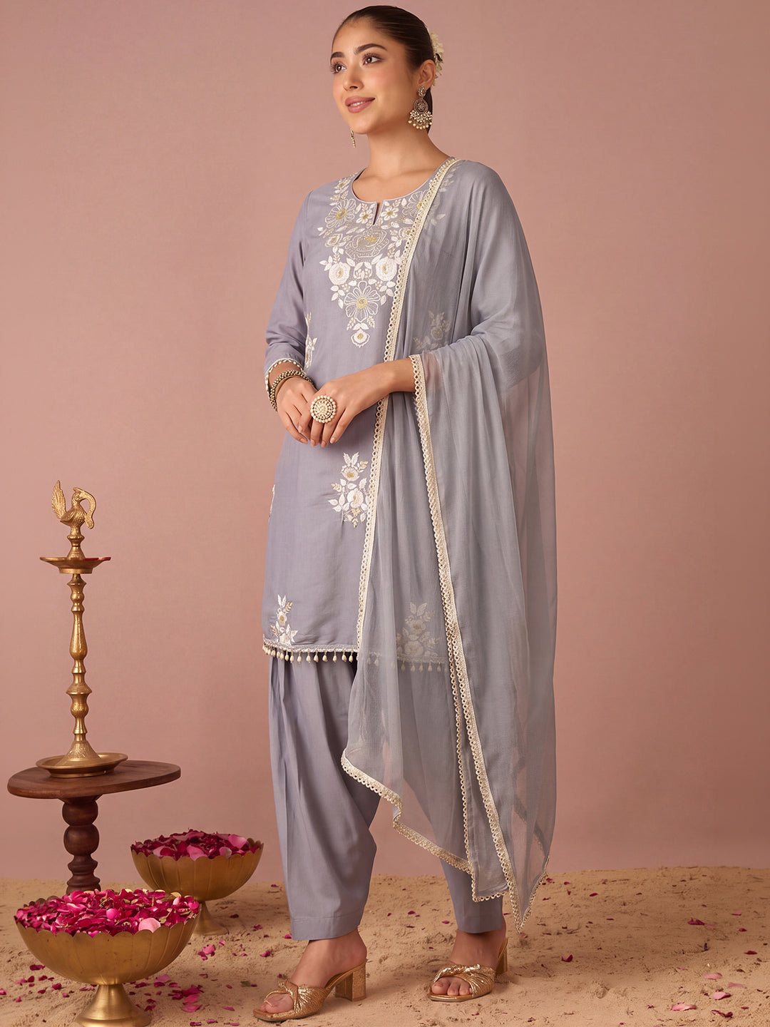 Janasya Women's Grey Chanderi Silk Floral Sequins Embroidered Straight Kurta Salwar Set