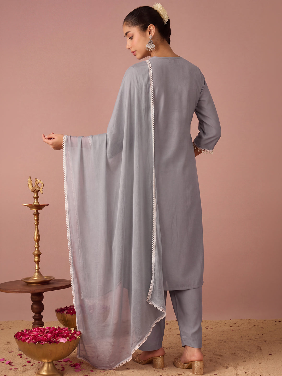 Janasya Women's Grey Chanderi Silk Floral Sequins Embroidered Straight Kurta Salwar Set
