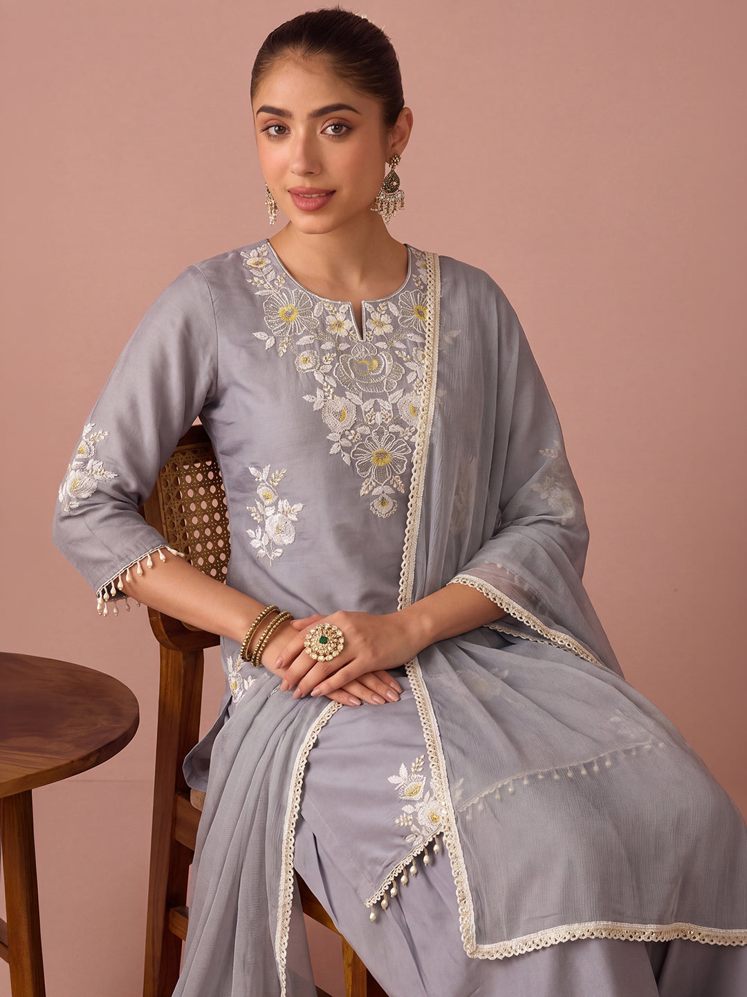 Janasya Women's Grey Chanderi Silk Floral Sequins Embroidered Straight Kurta Salwar Set