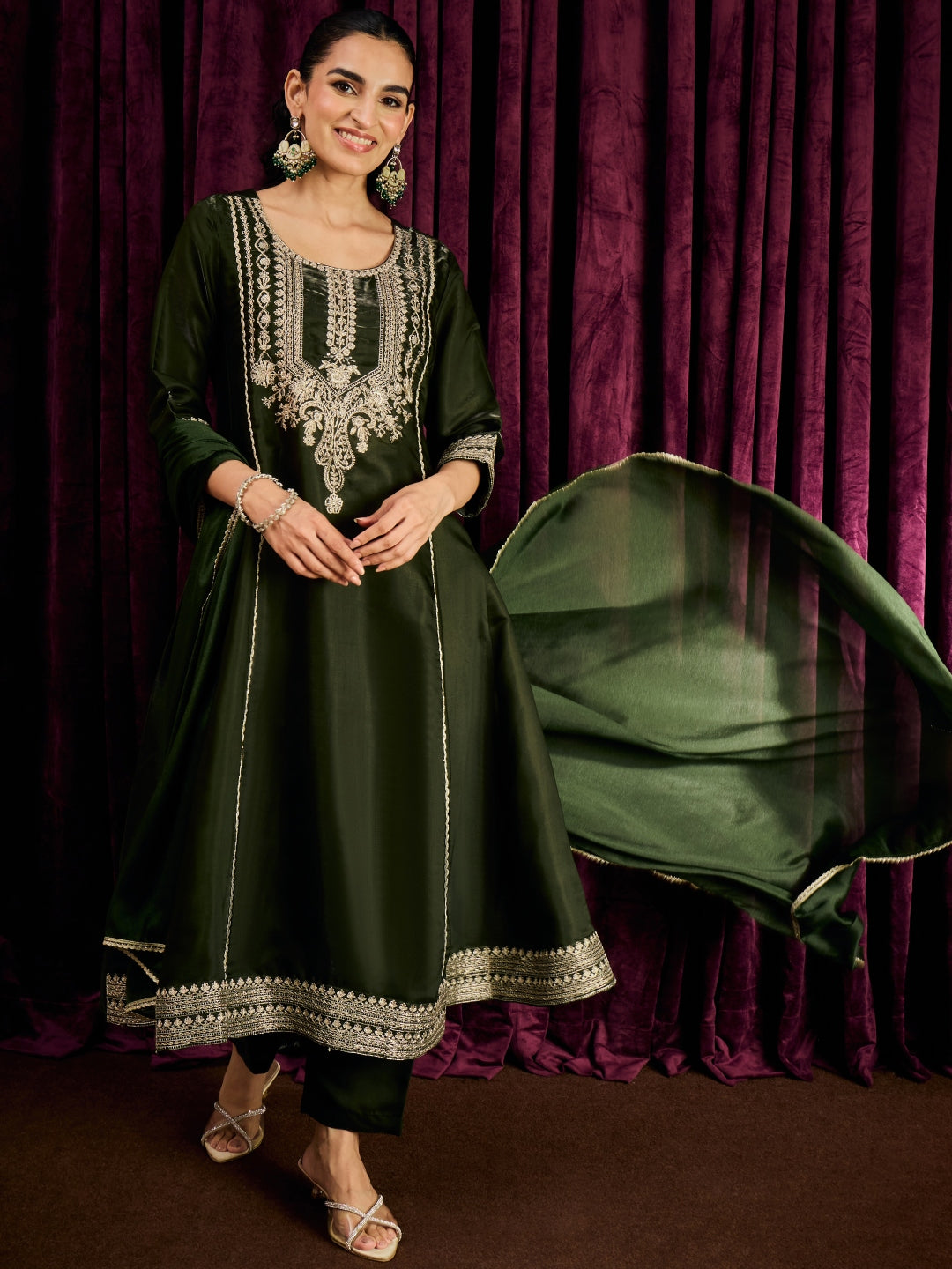 Janasya Women's Olive Green Silk Blend Floral Embroidered Anarkali Kurta Set